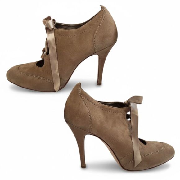 Talbots Booties Heels Suede Leather Tan Beige Lace Up Ribbon Retro Pinup Fall 8B - Picture 5 of 11